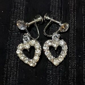 Vintage Silver-Tone Clear Rhinestone Heart Screw Back Earrings